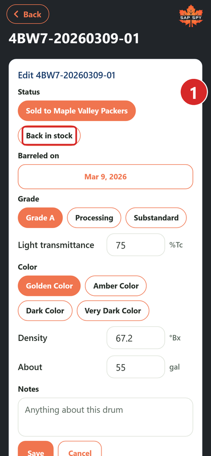 The Edit screen with Status and Delete marked