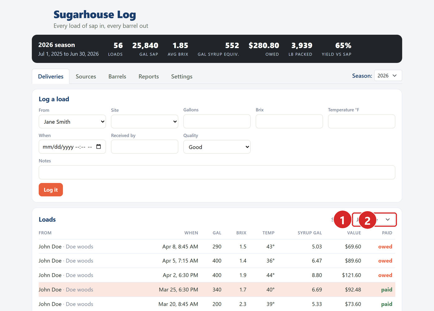 The supplier filter and the Paid column