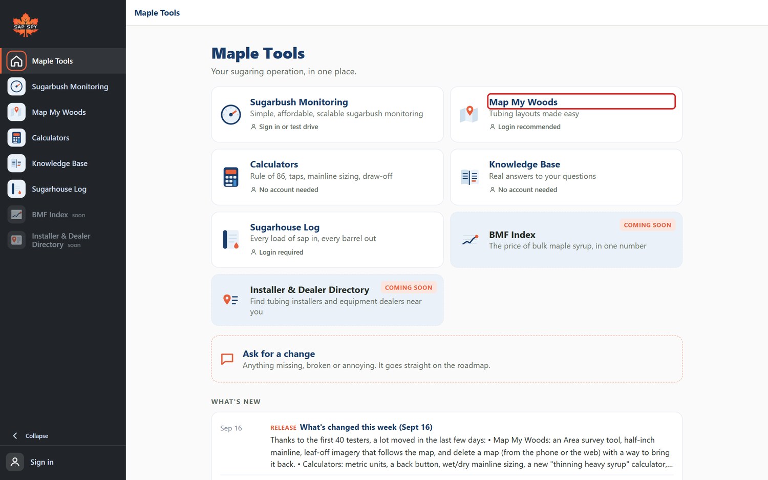 The Maple Tools page on a computer with Map My Woods marked