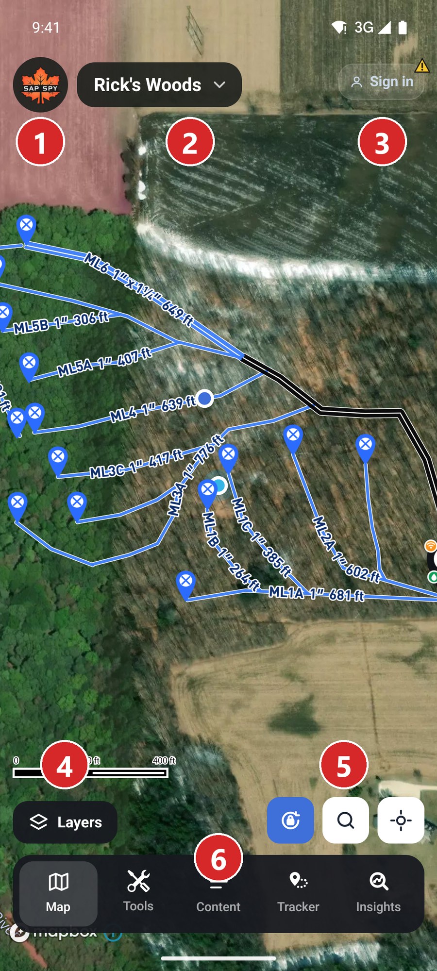 The Map My Woods screen on the phone, with its controls numbered