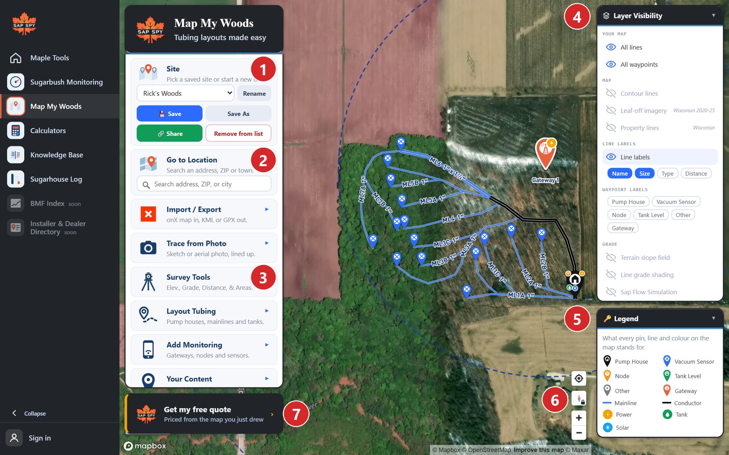 Map My Woods on a computer, with its parts numbered