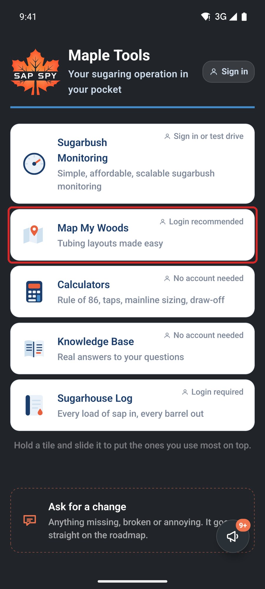 The Sap Spy home screen with the Map My Woods tile marked