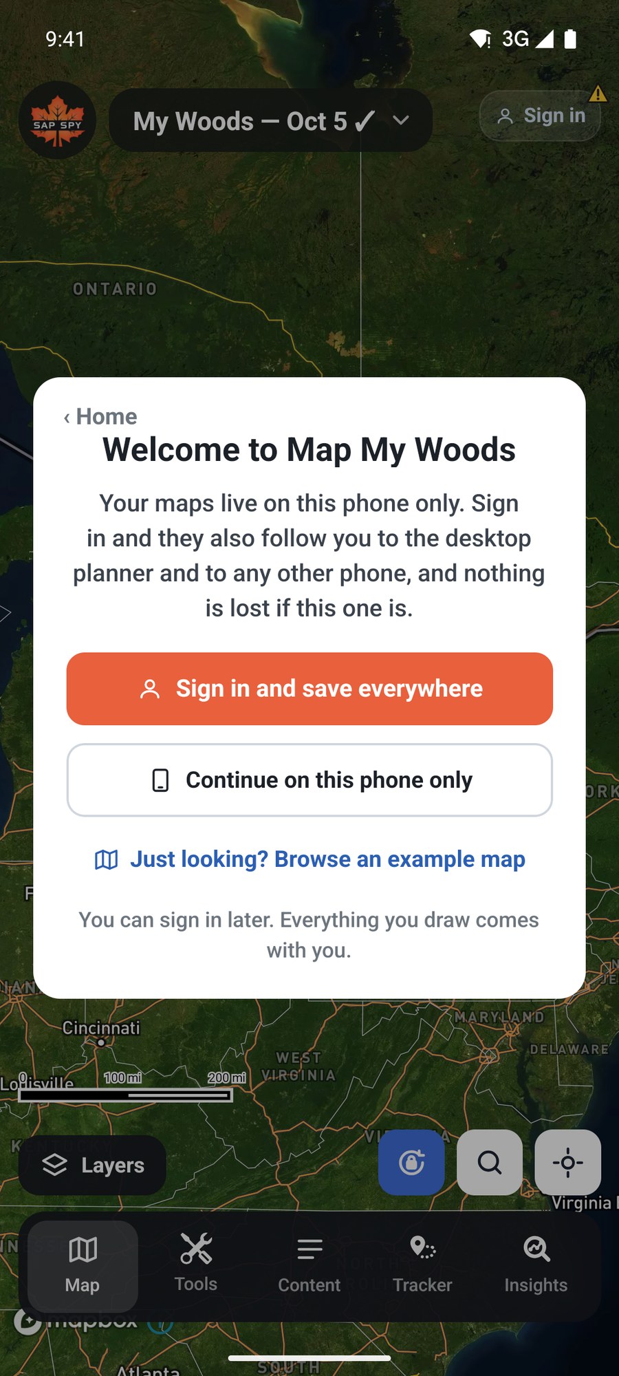 The Welcome to Map My Woods screen
