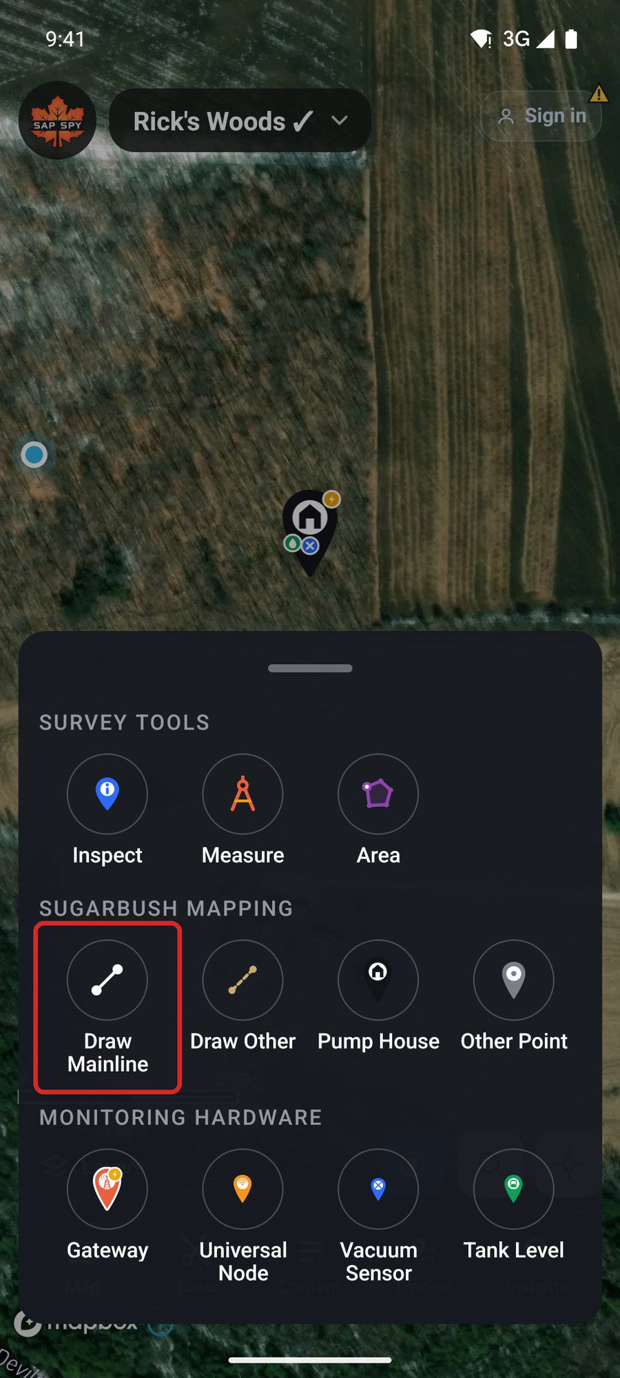 The Tools sheet with Draw Mainline marked