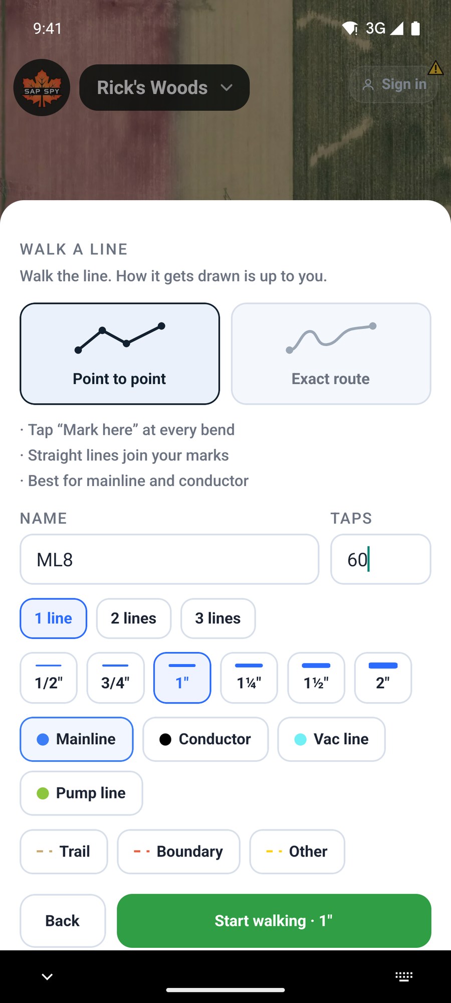 The Walk a line sheet with Point to point chosen