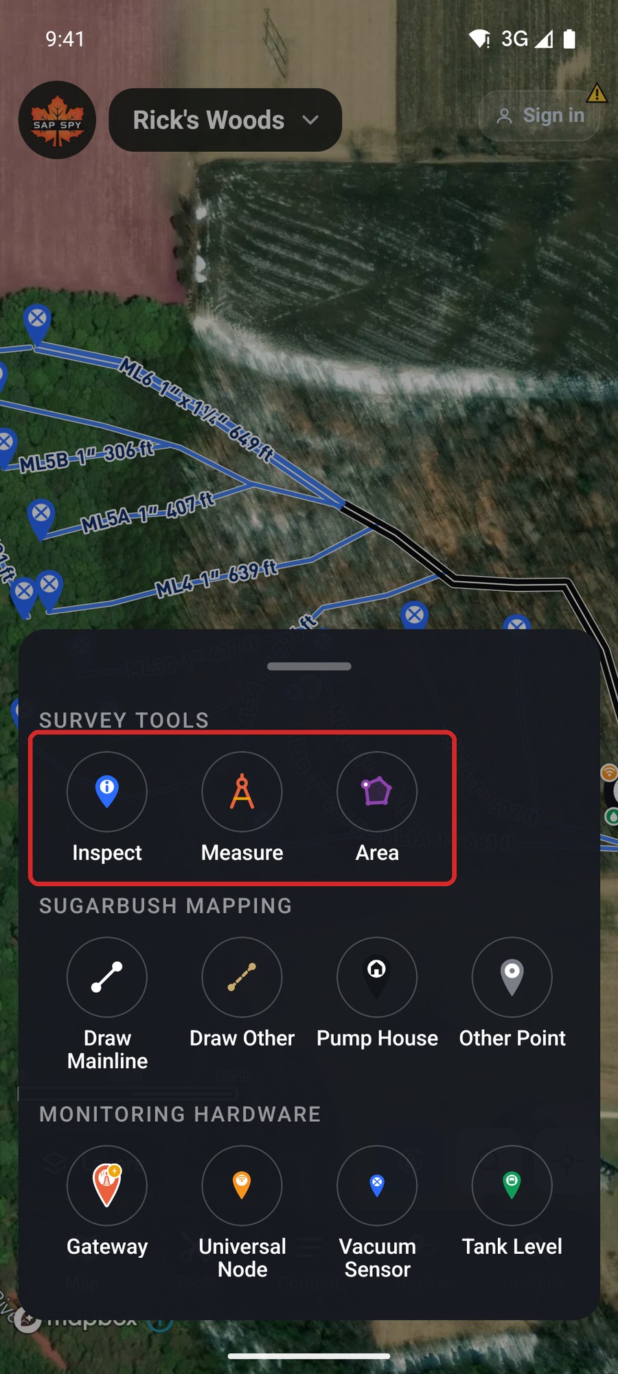 The Tools sheet with the survey tools at the top