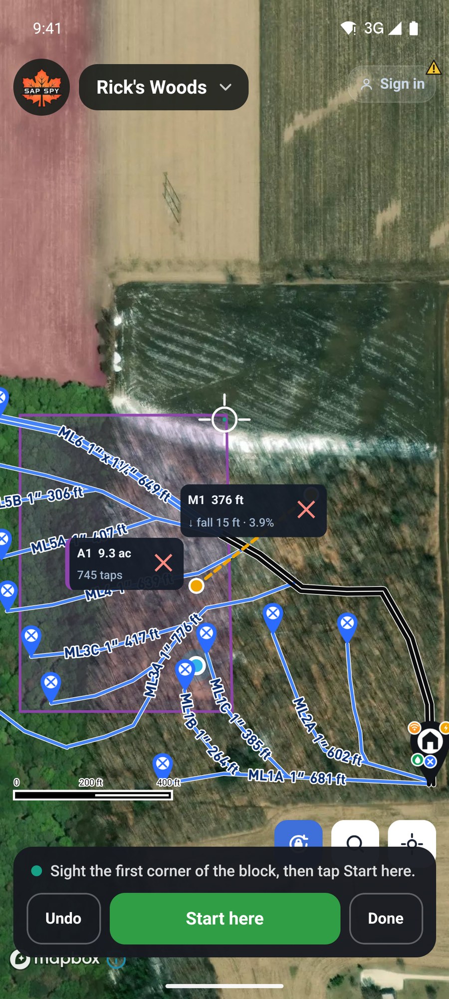 An area block around the woods with its acres and taps