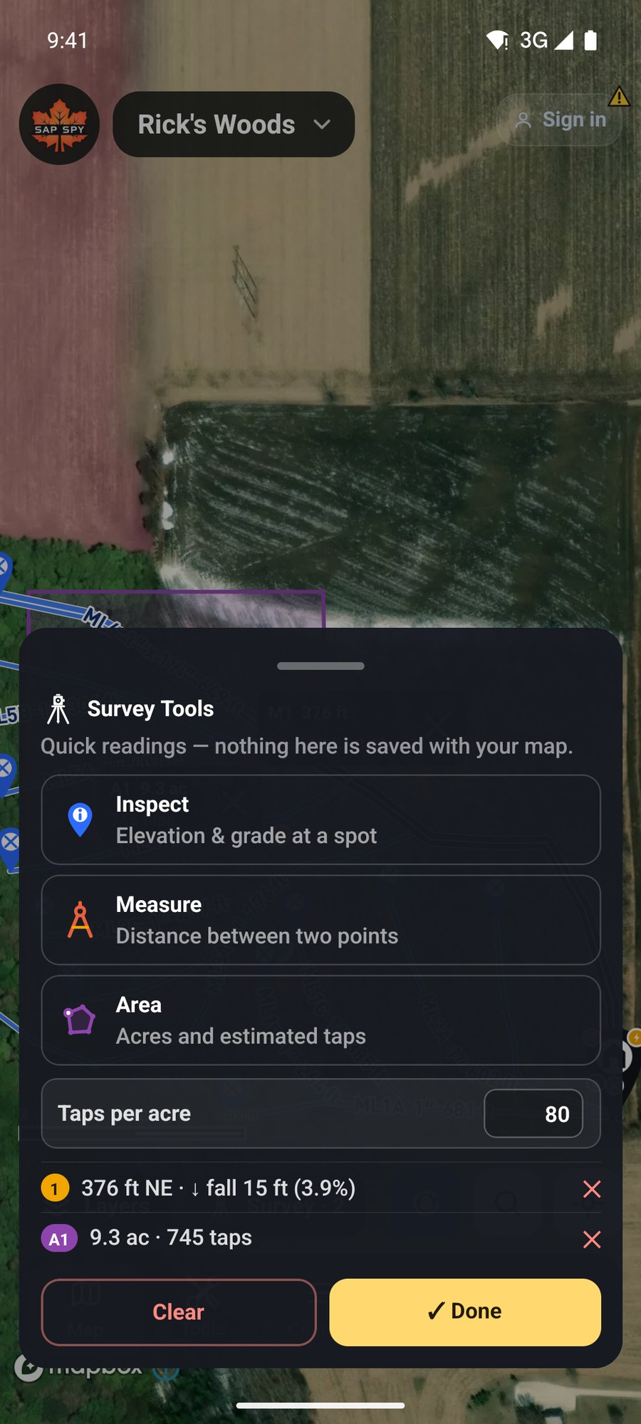 The Survey Tools sheet with a measurement and an area