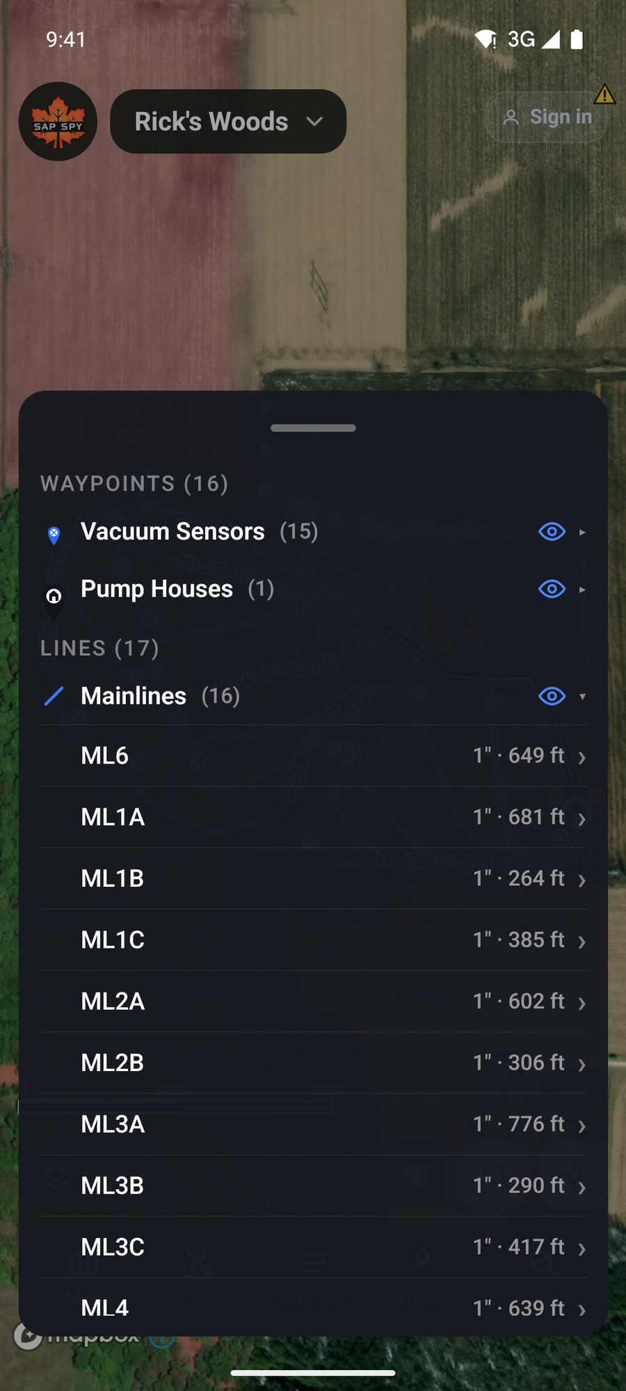 The Content list with the mainlines open