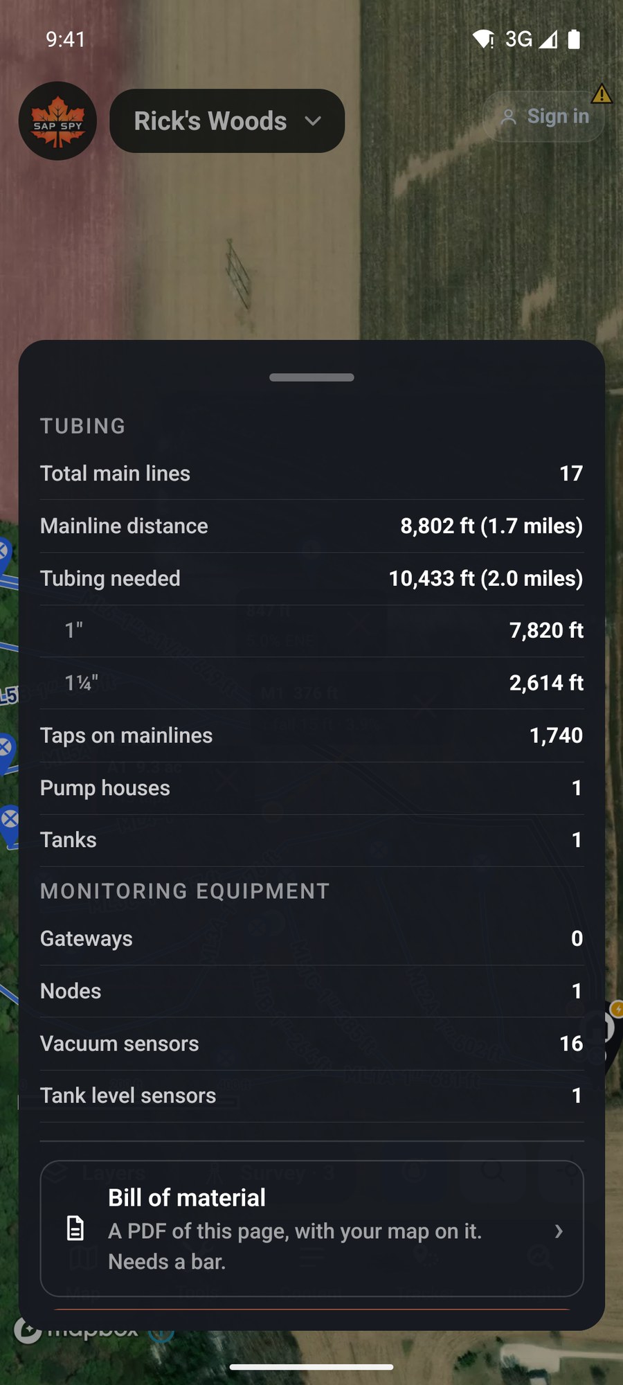 The Insights sheet with tubing totals