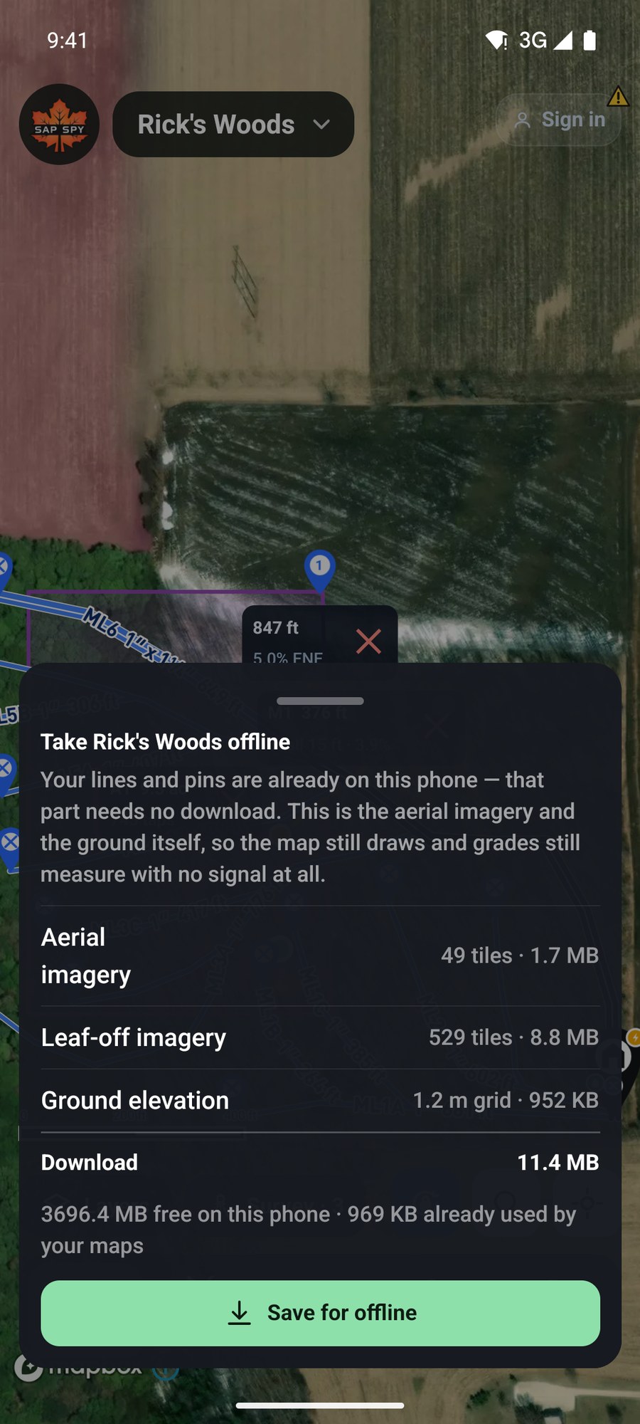 The Take this map offline sheet