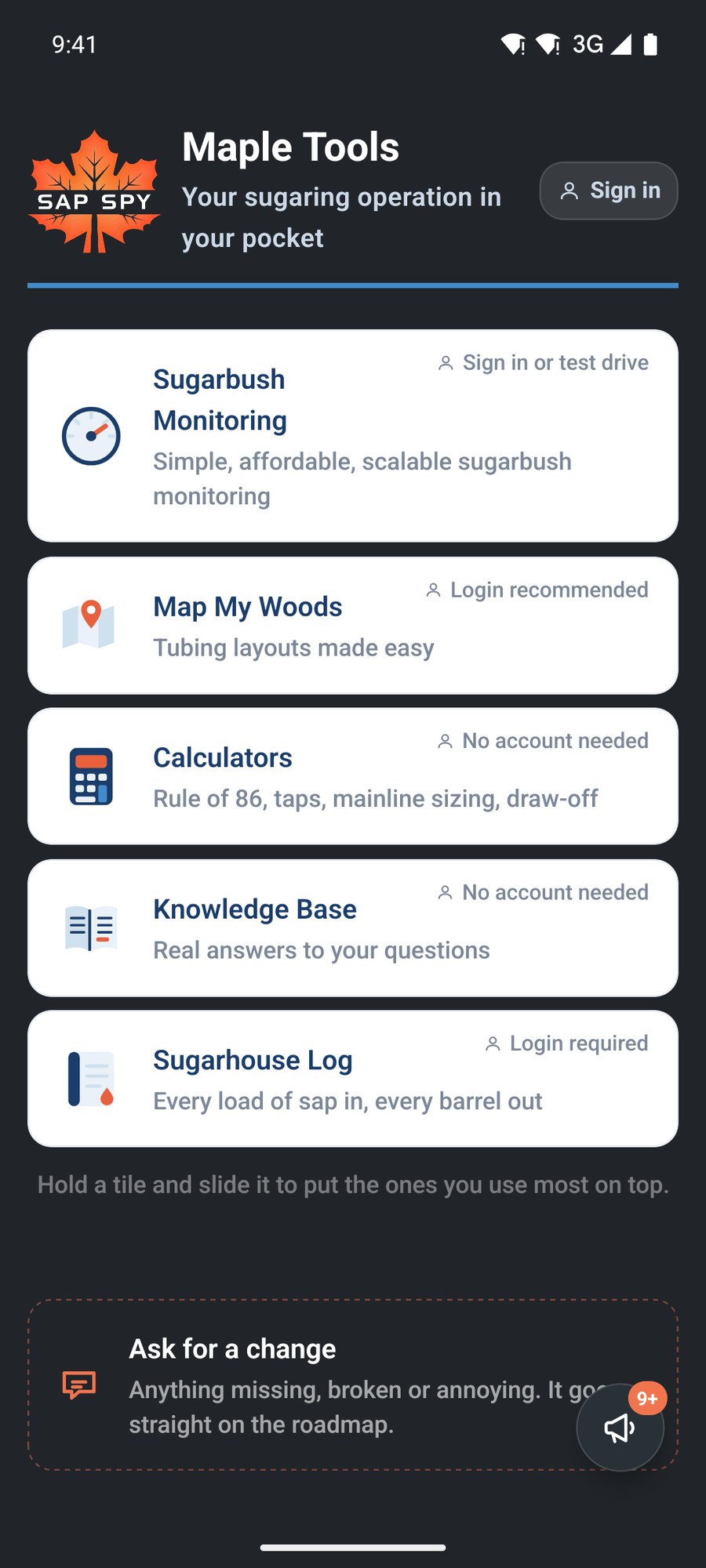 The Sap Spy home screen with the Calculators tile