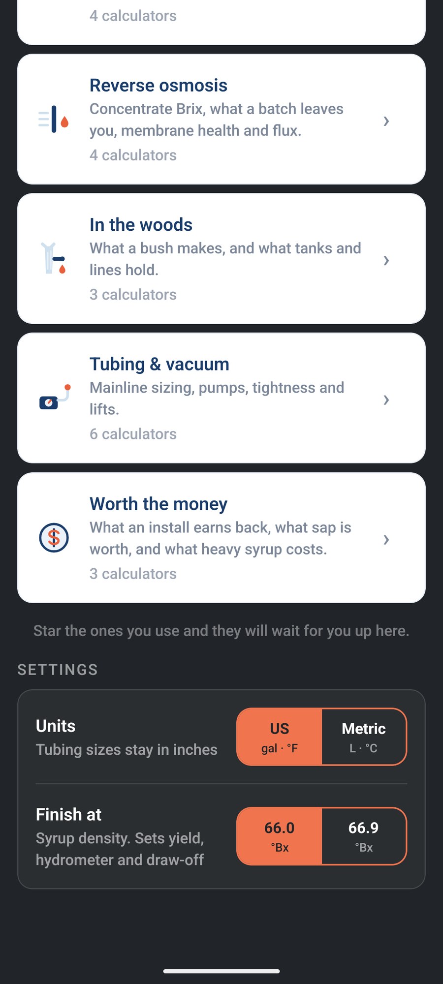 The Settings at the bottom of the Calculators page