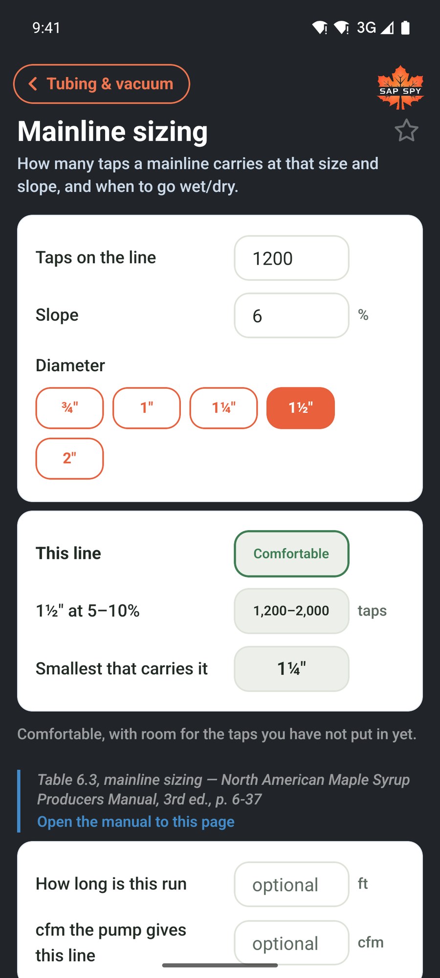 The Mainline sizing calculator