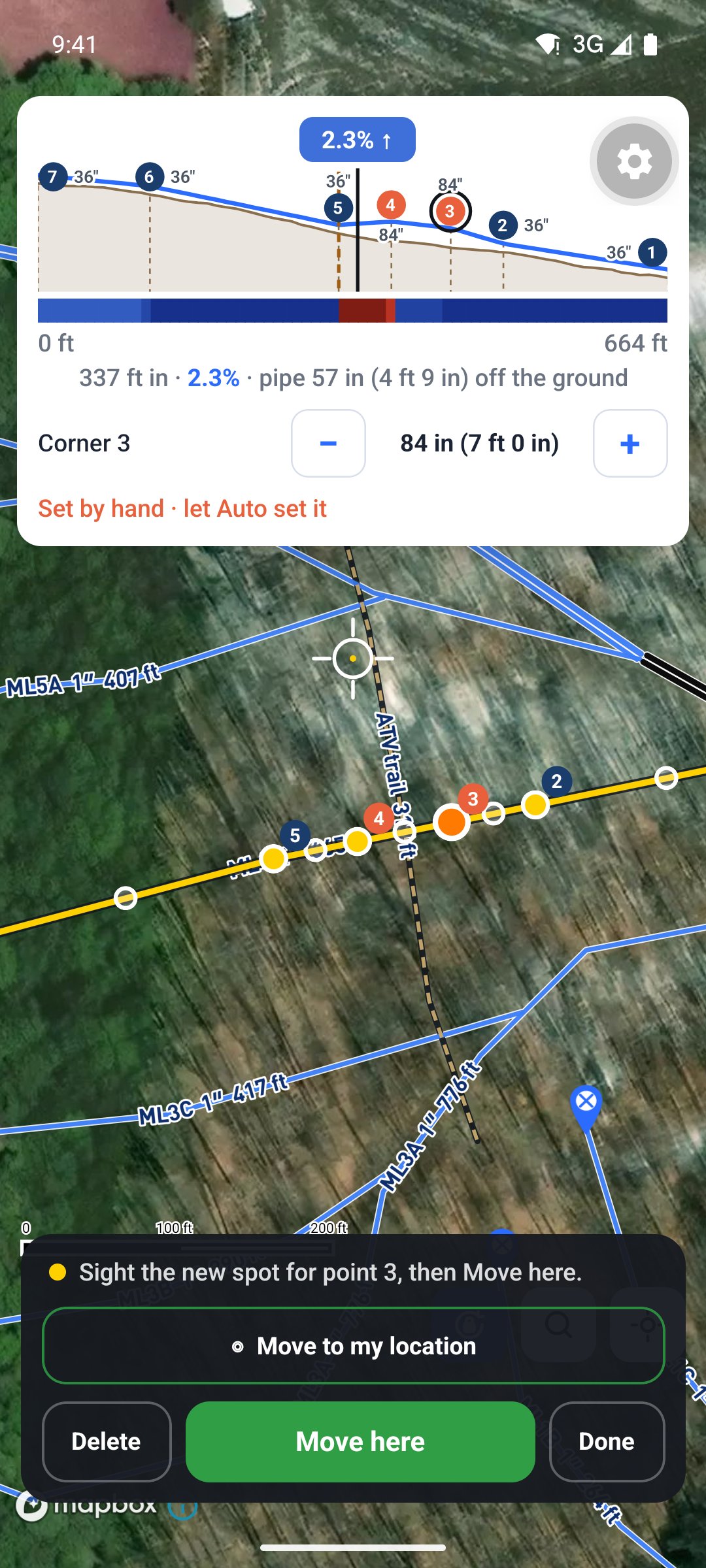 Set heights: a corner at the trail raised to 84 inches