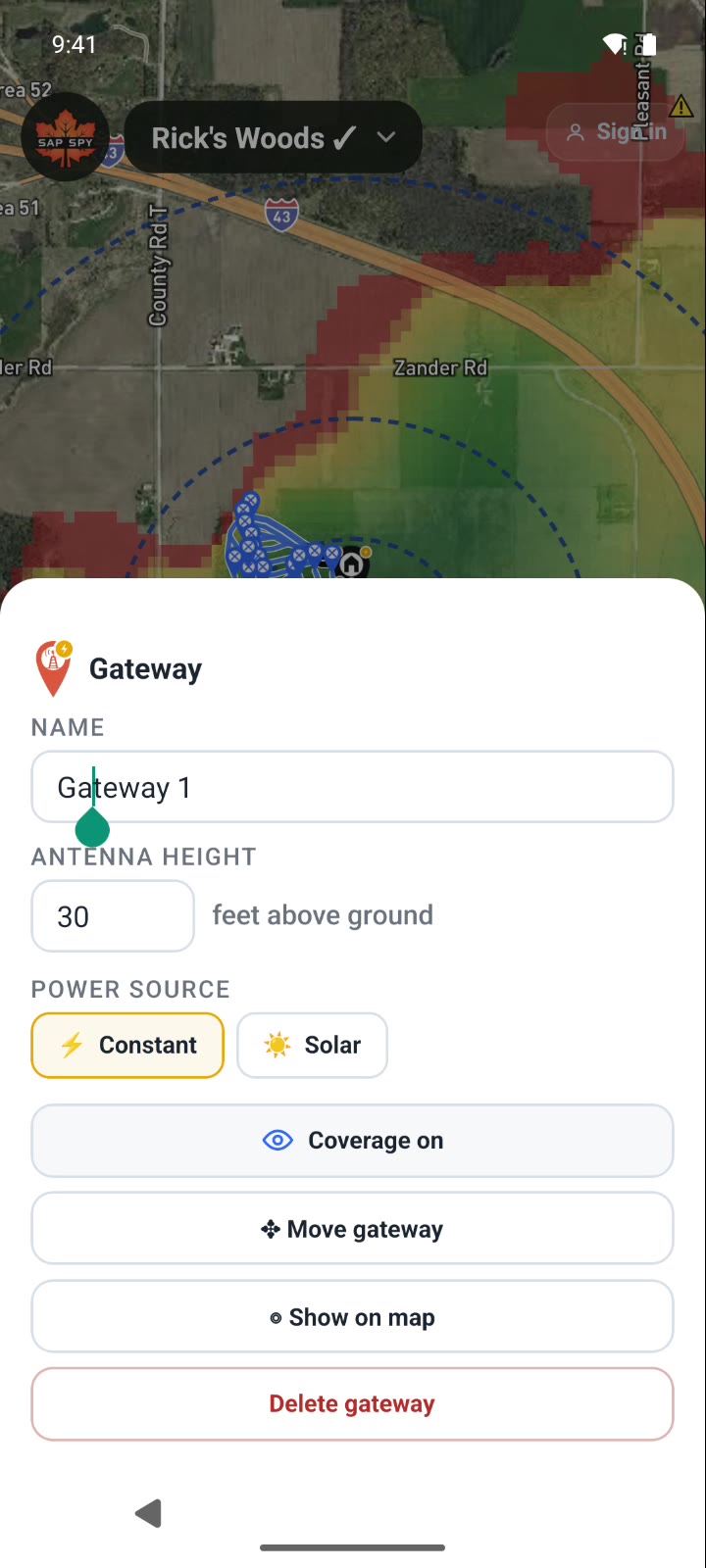 The gateway card on the phone, with the antenna height set to 30 feet