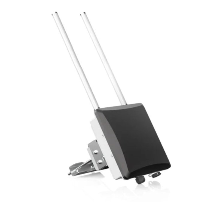 The gateway on its mounting bracket, with both antennas attached