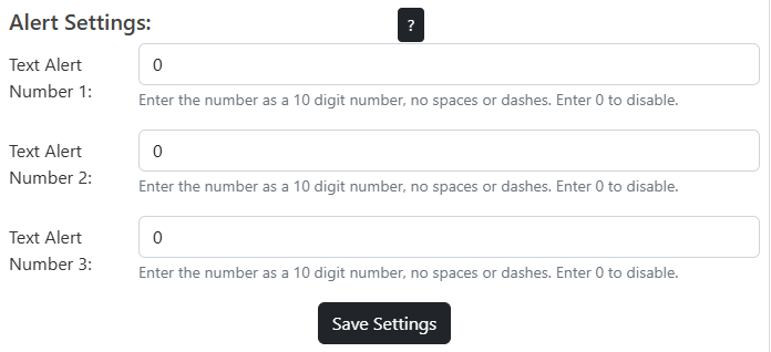Text alert settings in the app