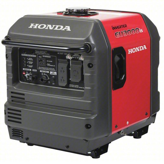 A Honda EU3000is inverter generator beside a stainless bulk tank at a remote sugarbush site, wired for remote start.