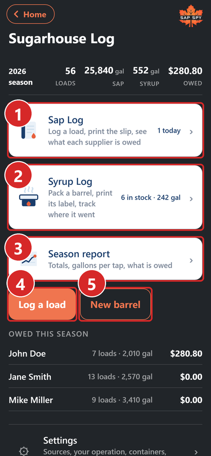 The Sugarhouse Log home screen