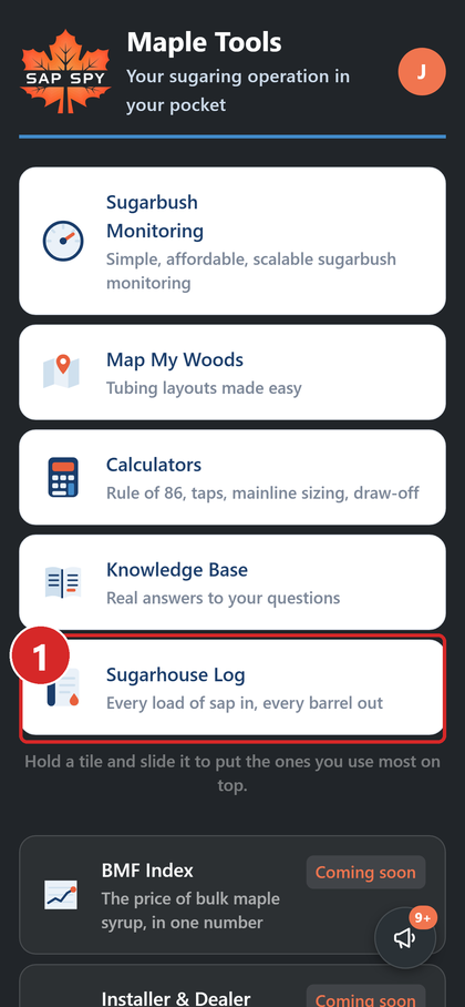 The Sap Spy home screen with the Sugarhouse Log tile marked