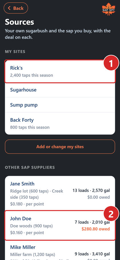 The Sources screen with a site and a supplier marked