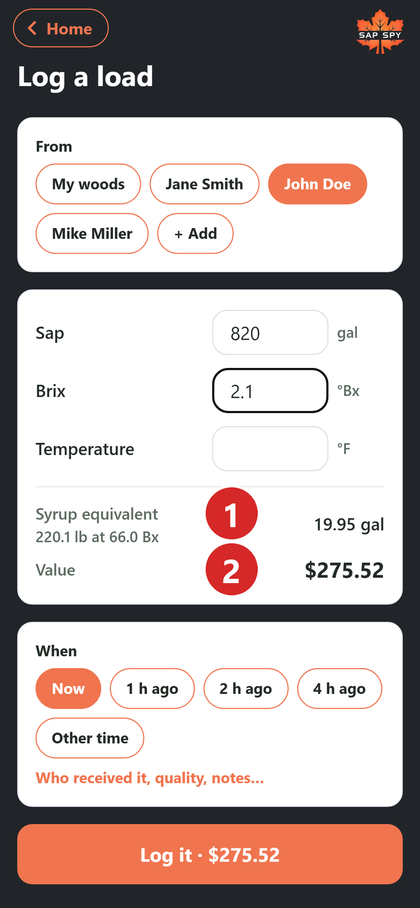 The form filled in, showing the syrup equivalent and value