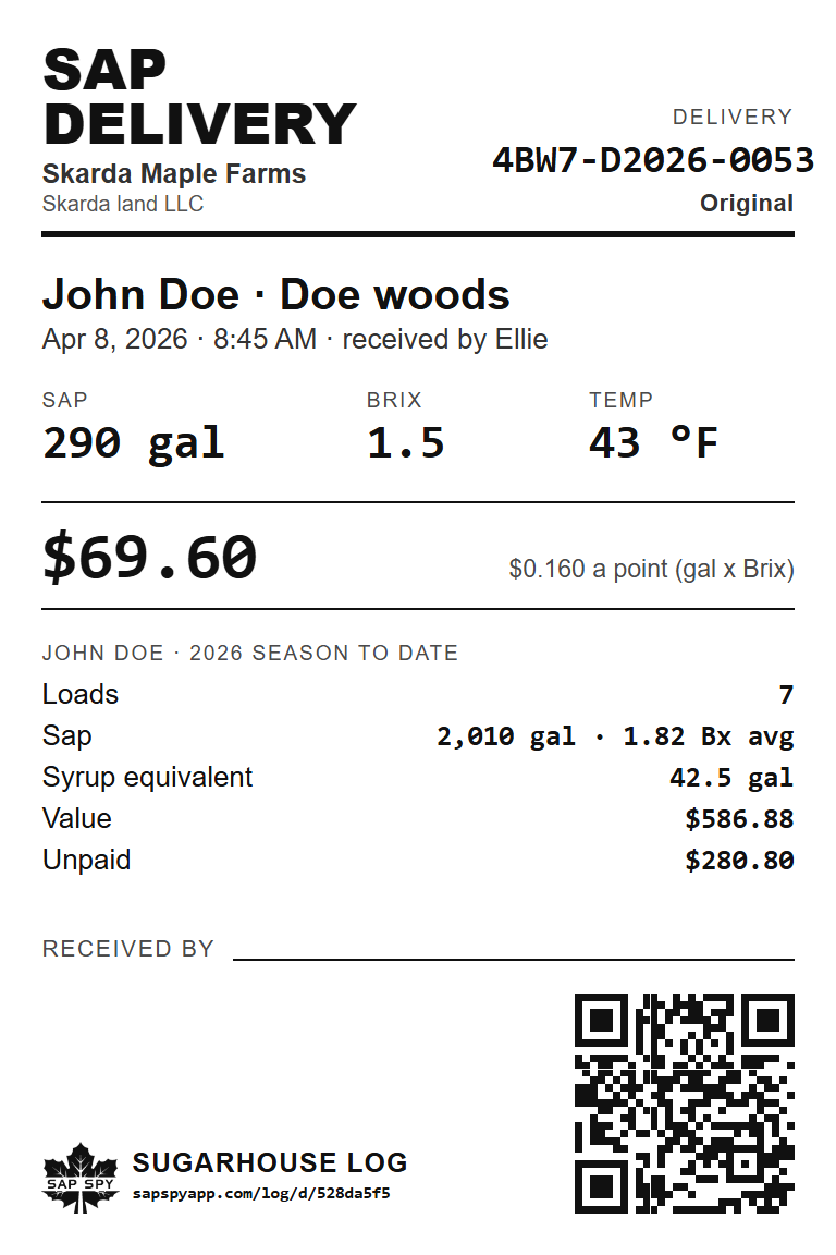 A printed sap delivery slip